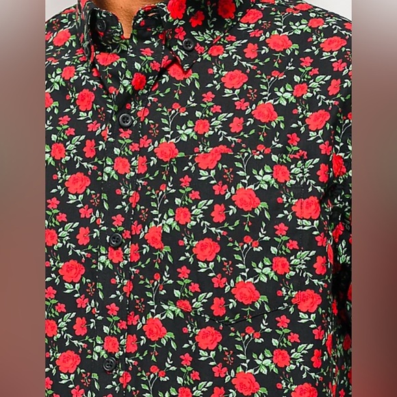 Empyre Tate Roses Black & Red Short Sleeve Button Up Shirt - Picture 3 of 8